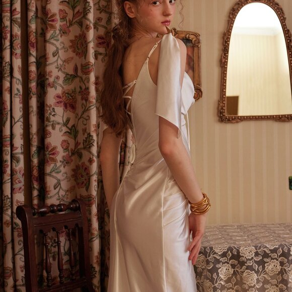 Ivory Satin Lace Up Corset Midi Dress - Picture 5 of 7